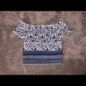 White and Blue Off the Shoulder Crop top